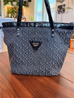 Guess Black Patent and Monogram Tote Bag
